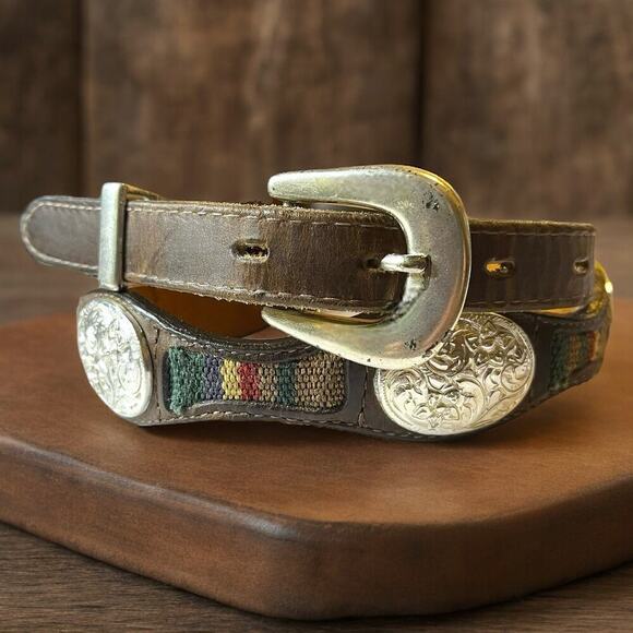 Other Accessories - Western Concho Belt Women Leather Metal Medallions Woven Fabric Distressed Sz 30
